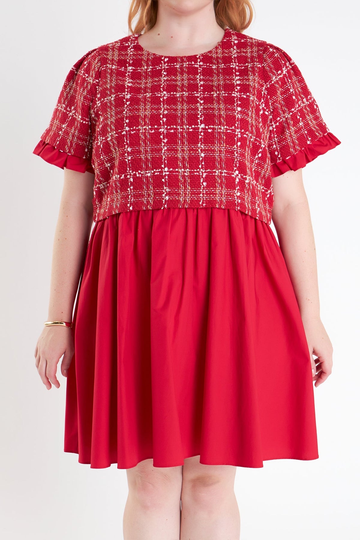Mixed Media Tweed Poplin Mini Dress