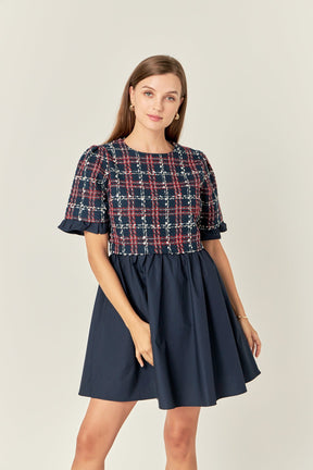 ENGLISH FACTORY - Mixed Media Tweed Mini Dress - DRESSES available at Objectrare