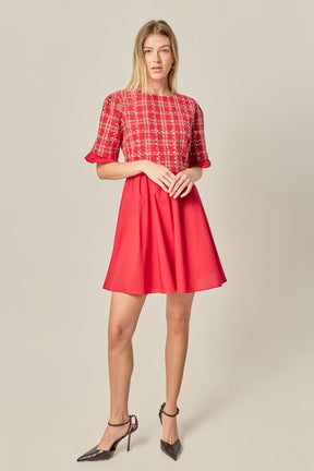 ENGLISH FACTORY - Mixed Media Tweed Mini Dress - DRESSES available at Objectrare