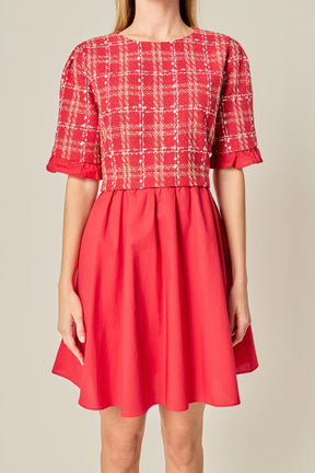 ENGLISH FACTORY - Mixed Media Tweed Mini Dress - DRESSES available at Objectrare