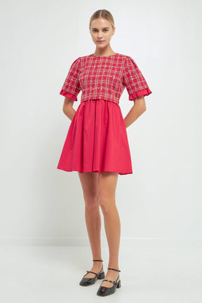ENGLISH FACTORY - Mixed Media Tweed Mini Dress - DRESSES available at Objectrare