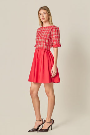 ENGLISH FACTORY - Mixed Media Tweed Mini Dress - DRESSES available at Objectrare