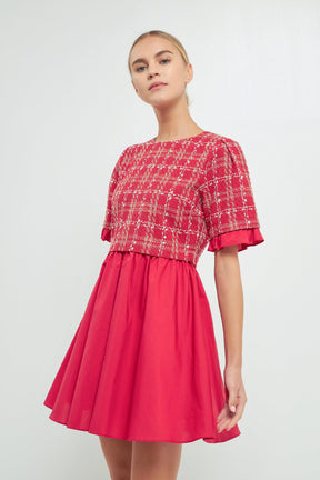 ENGLISH FACTORY - Mixed Media Tweed Mini Dress - DRESSES available at Objectrare
