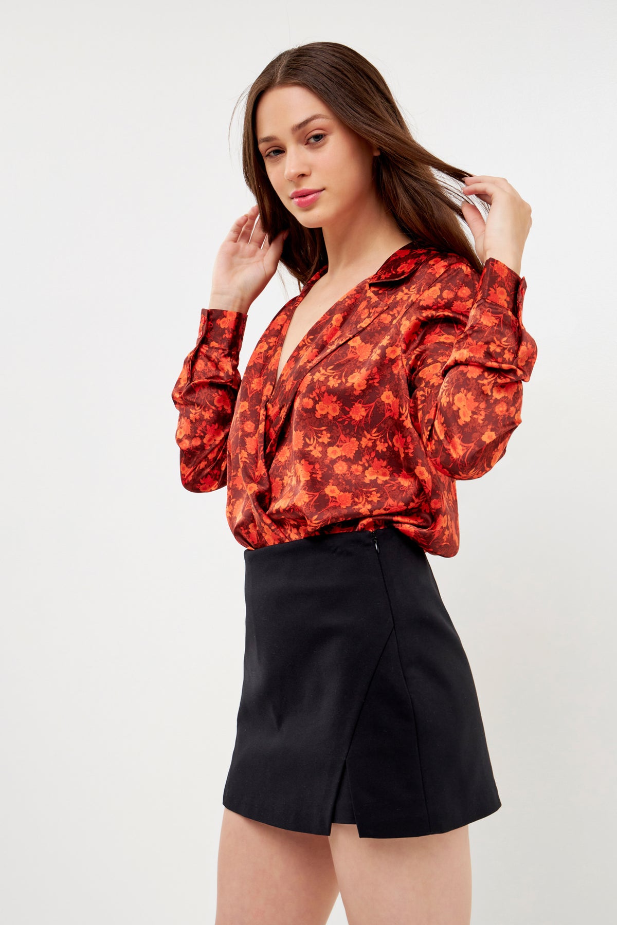 Floral Print Satin Wrap Blouse