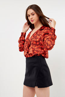 Floral Print Satin Wrap Blouse