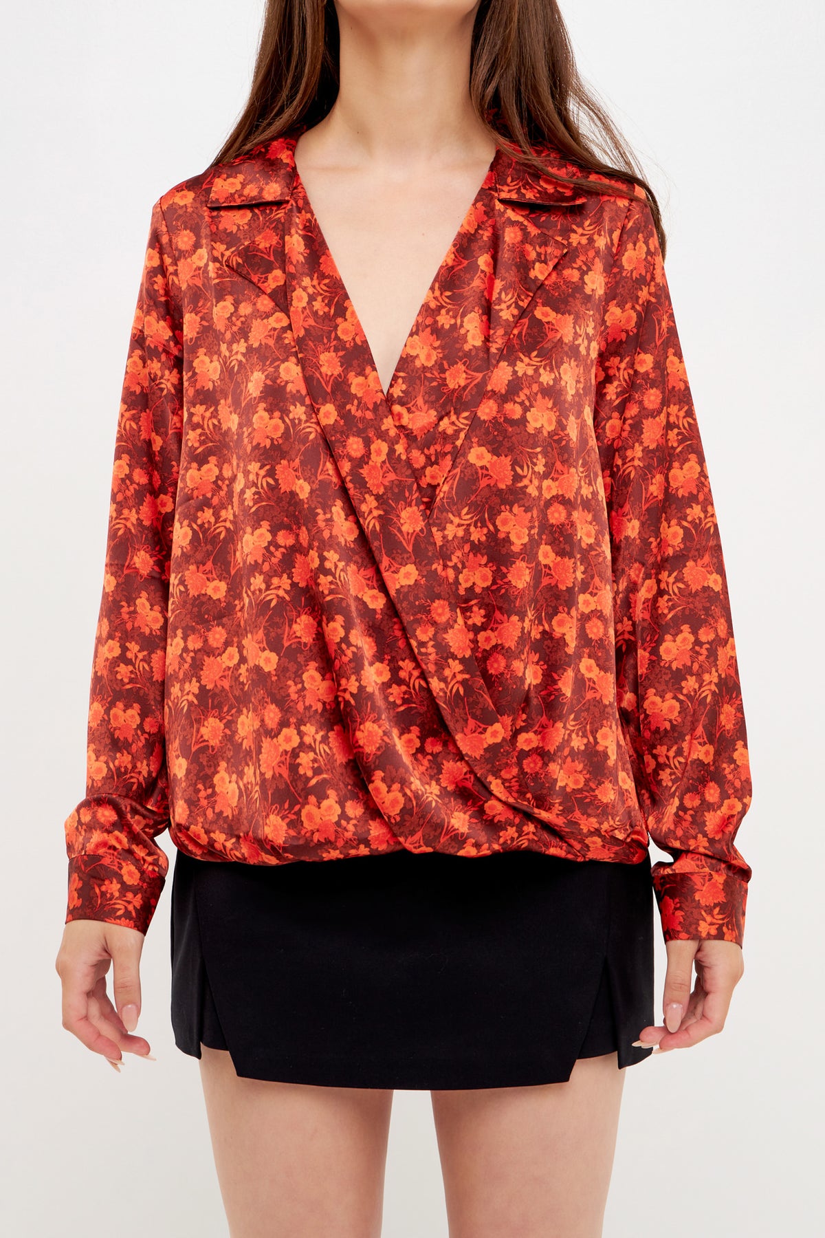 Floral Print Satin Wrap Blouse