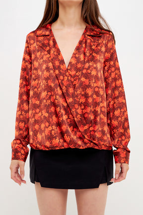 Floral Print Satin Wrap Blouse