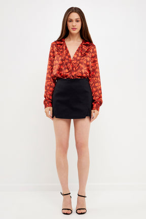 Floral Print Satin Wrap Blouse
