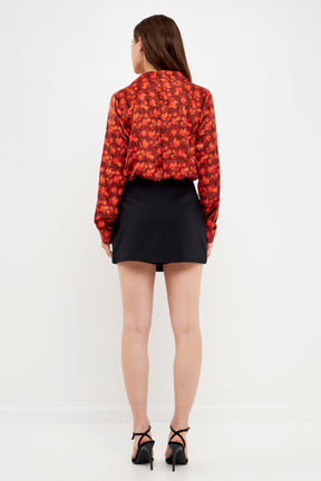 Floral Print Satin Wrap Blouse