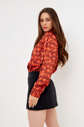 Floral Print Satin Wrap Blouse