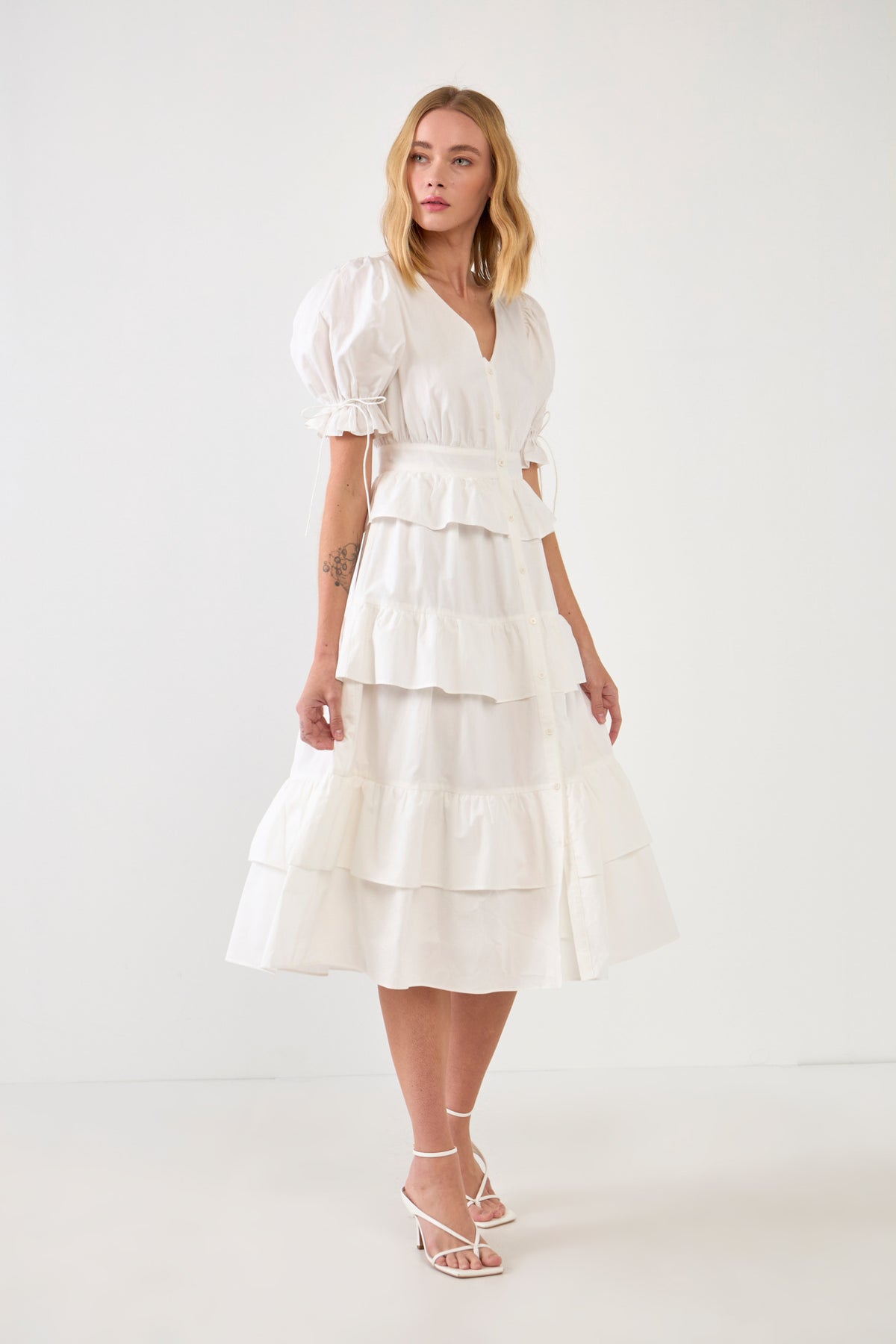 Poplin Button Down Tiered Midi Puff Dress
