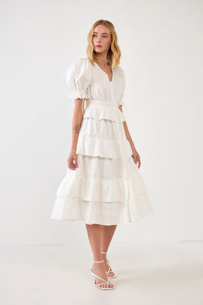 Poplin Button Down Tiered Midi Puff Dress