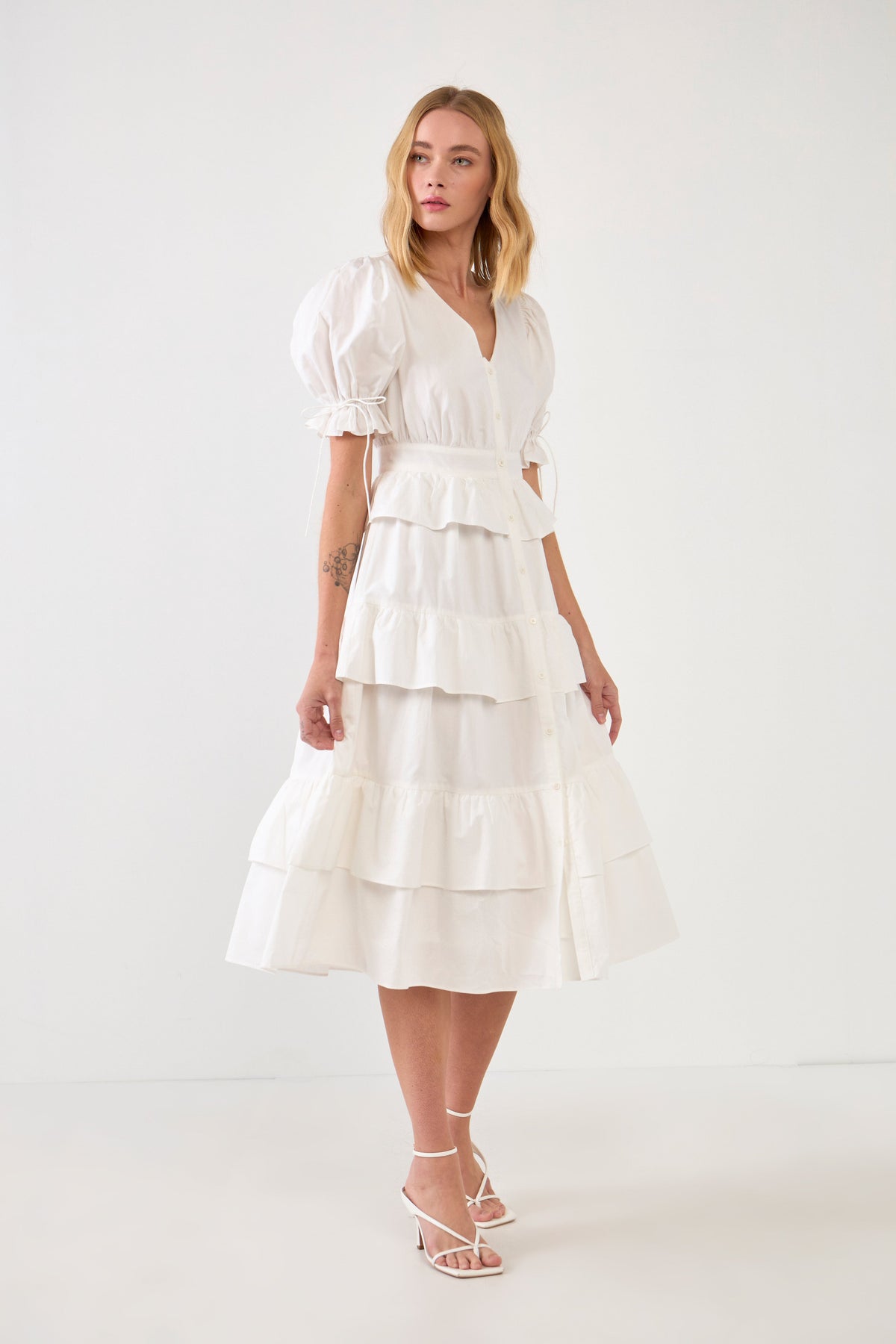 ENGLISH FACTORY - Poplin Button Down Tiered Midi Puff Dress - DRESSES available at Objectrare