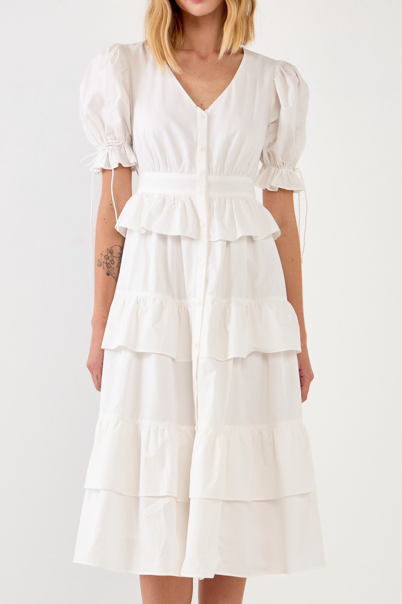 ENGLISH FACTORY - Poplin Button Down Tiered Midi Puff Dress - DRESSES available at Objectrare