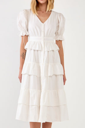 ENGLISH FACTORY - Poplin Button Down Tiered Midi Puff Dress - DRESSES available at Objectrare