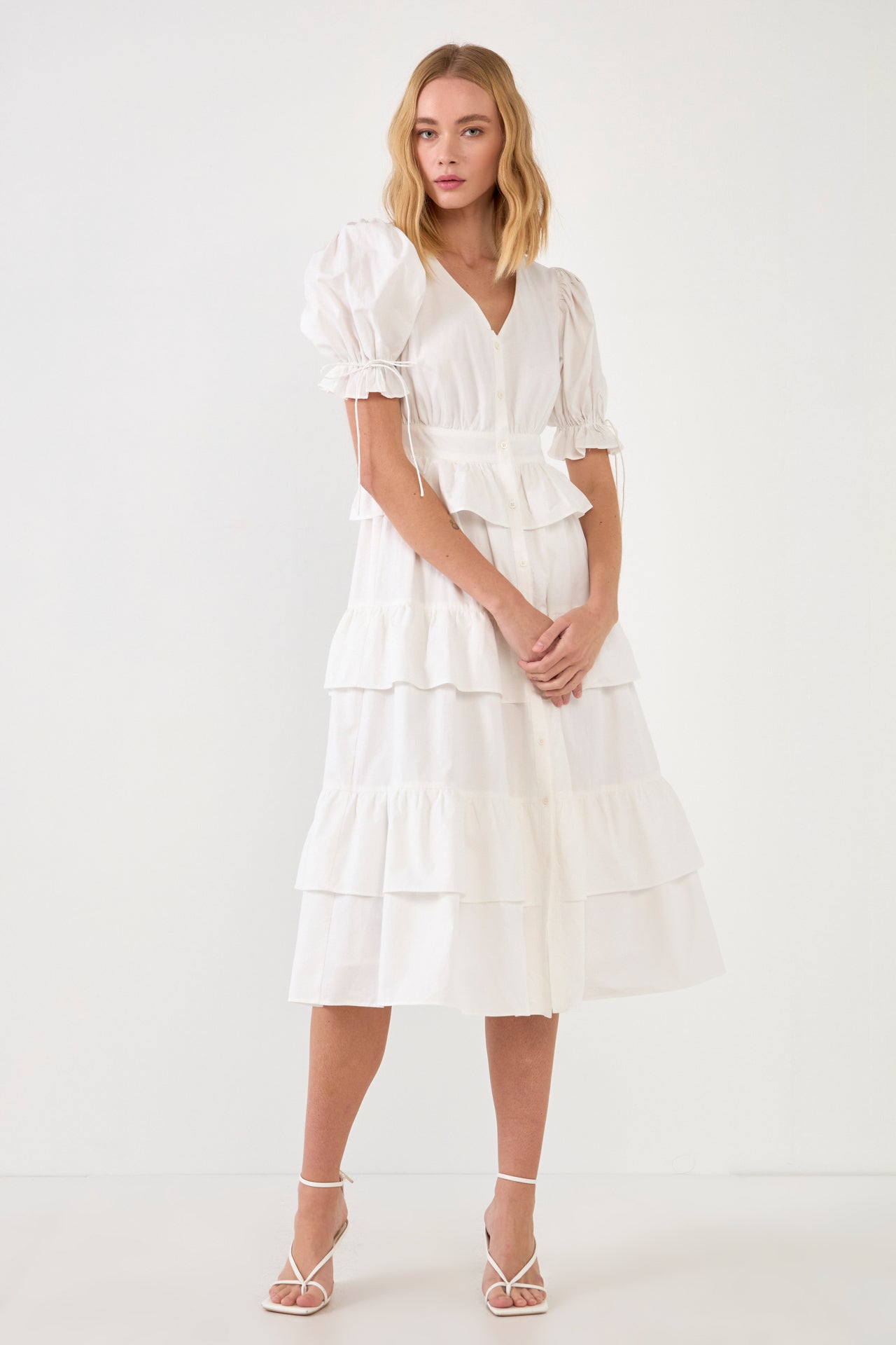 Poplin Button Down Tiered Midi Puff Dress