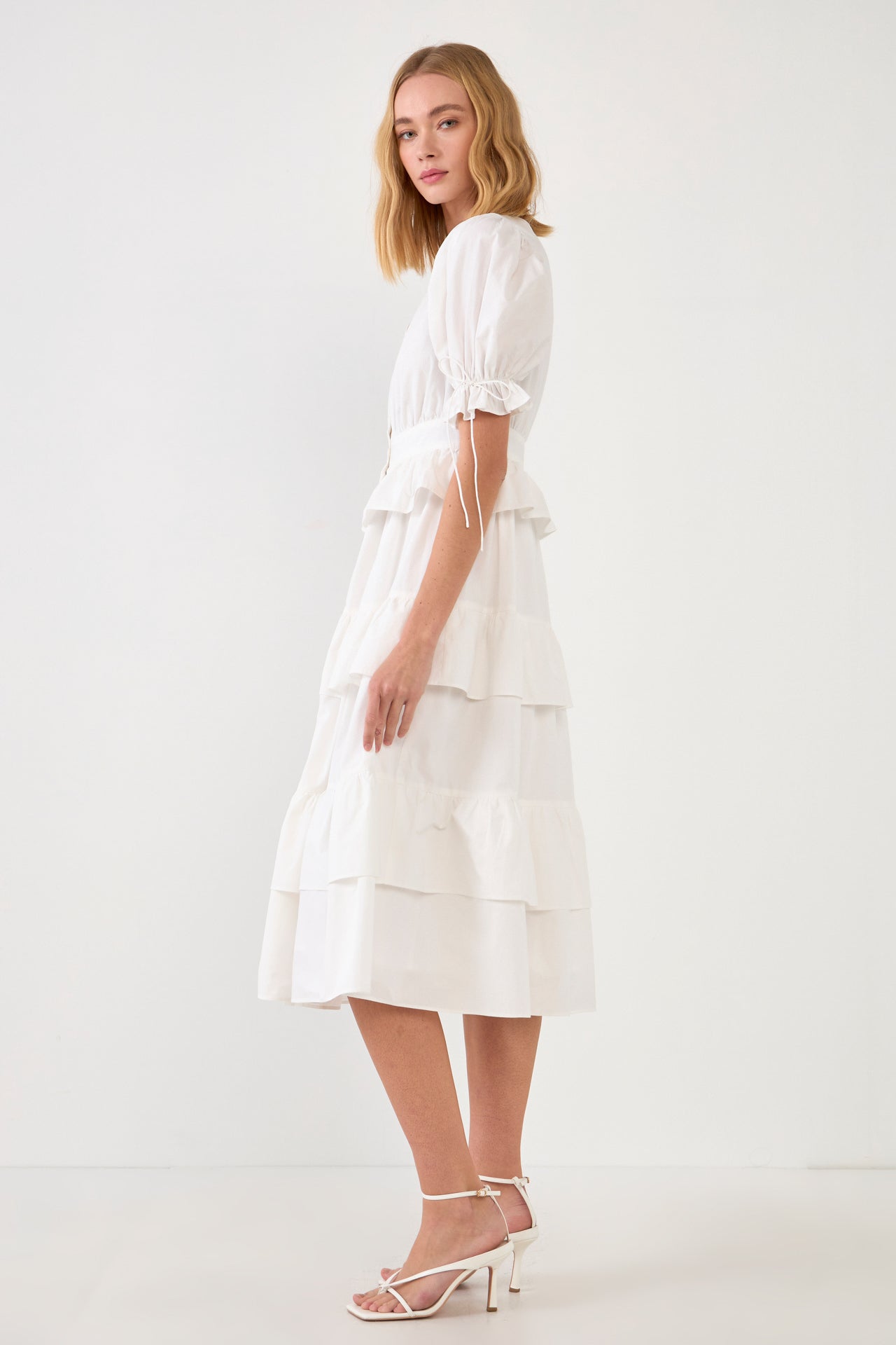 ENGLISH FACTORY - Poplin Button Down Tiered Midi Puff Dress - DRESSES available at Objectrare