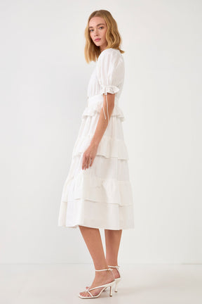 ENGLISH FACTORY - Poplin Button Down Tiered Midi Puff Dress - DRESSES available at Objectrare