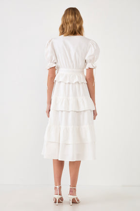 Poplin Button Down Tiered Midi Puff Dress