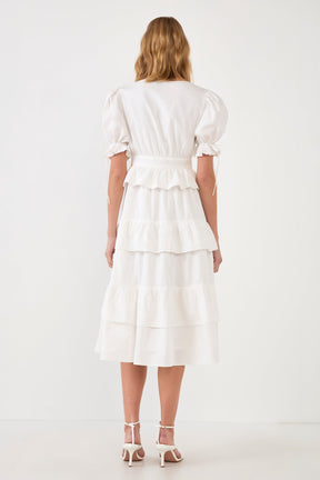 ENGLISH FACTORY - Poplin Button Down Tiered Midi Puff Dress - DRESSES available at Objectrare