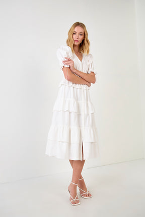 Poplin Button Down Tiered Midi Puff Dress