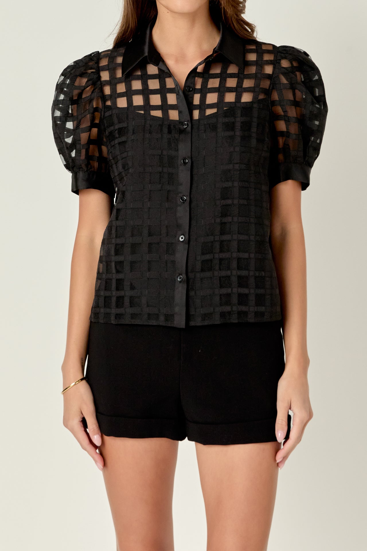 ENGLISH FACTORY - English Factory - Short Sleeve Organza Grid Blouse - TOPS available at Objectrare