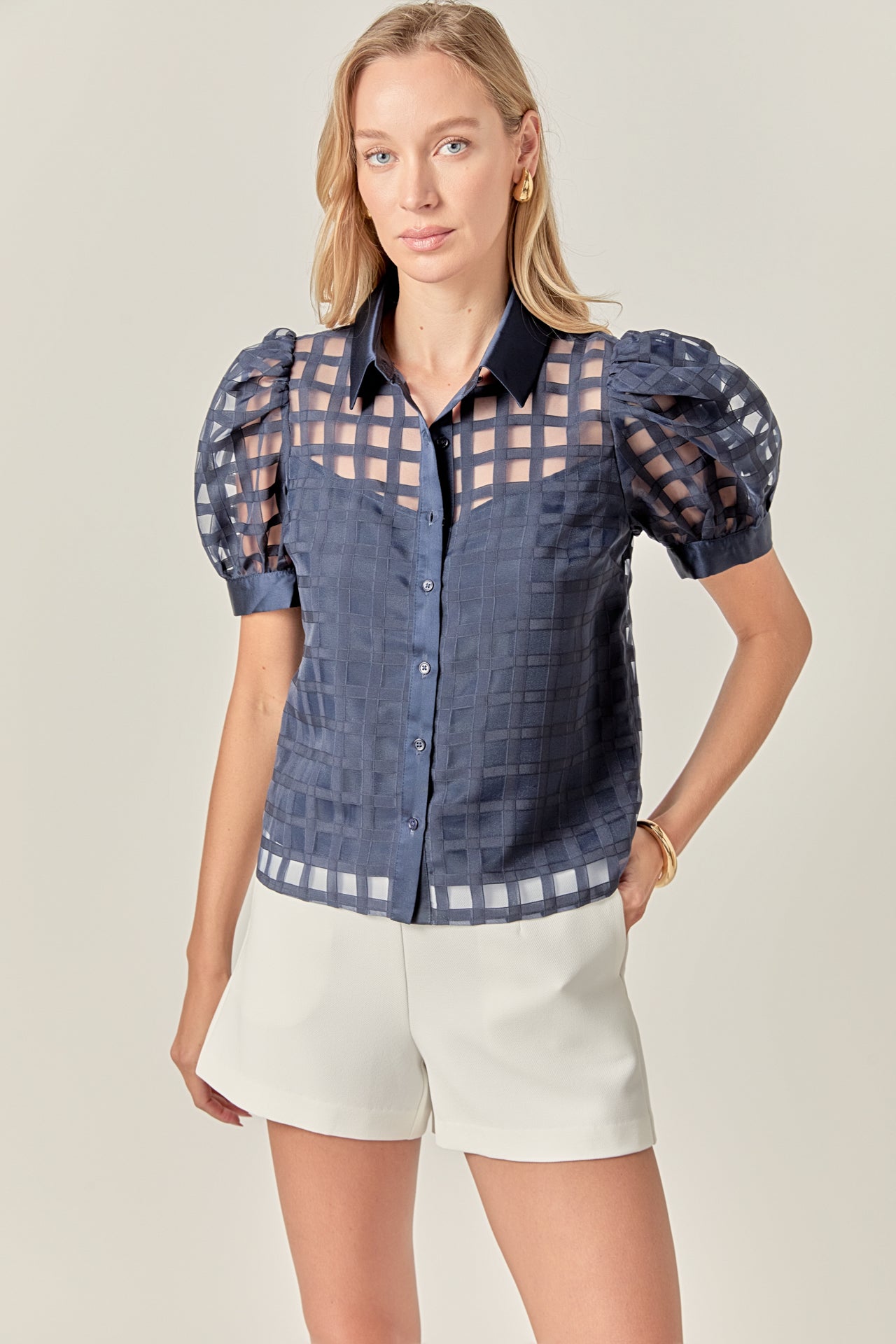 Short Sleeve Organza Grid Blouse