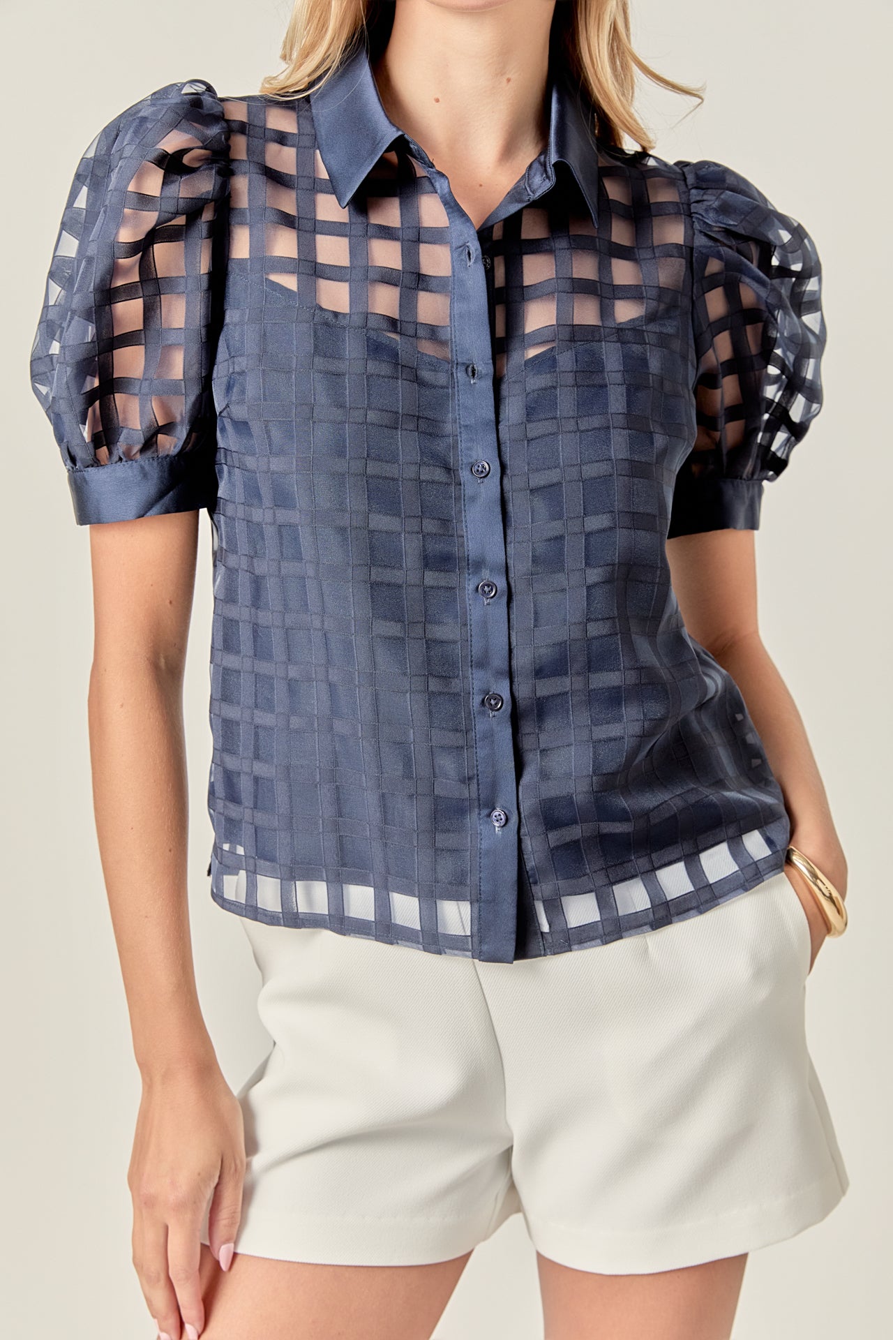 Short Sleeve Organza Grid Blouse