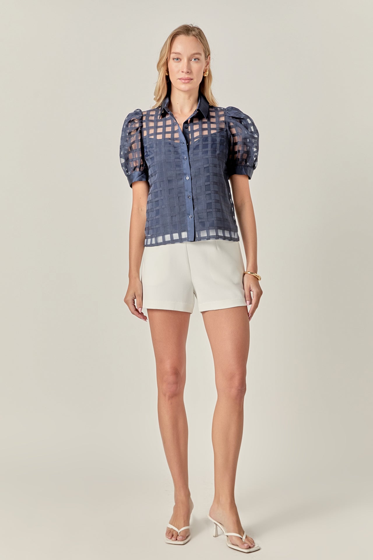 Short Sleeve Organza Grid Blouse