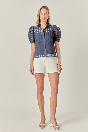 Short Sleeve Organza Grid Blouse