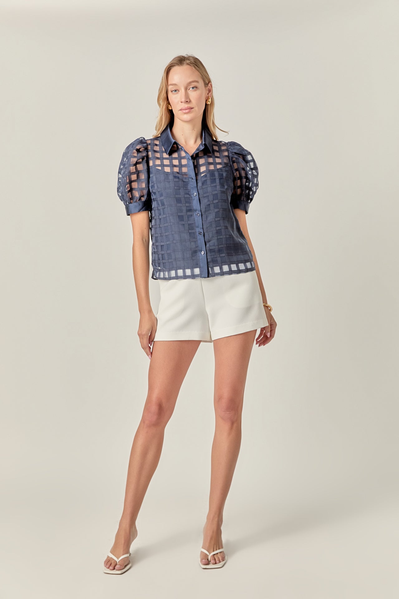 Short Sleeve Organza Grid Blouse