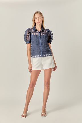 Short Sleeve Organza Grid Blouse