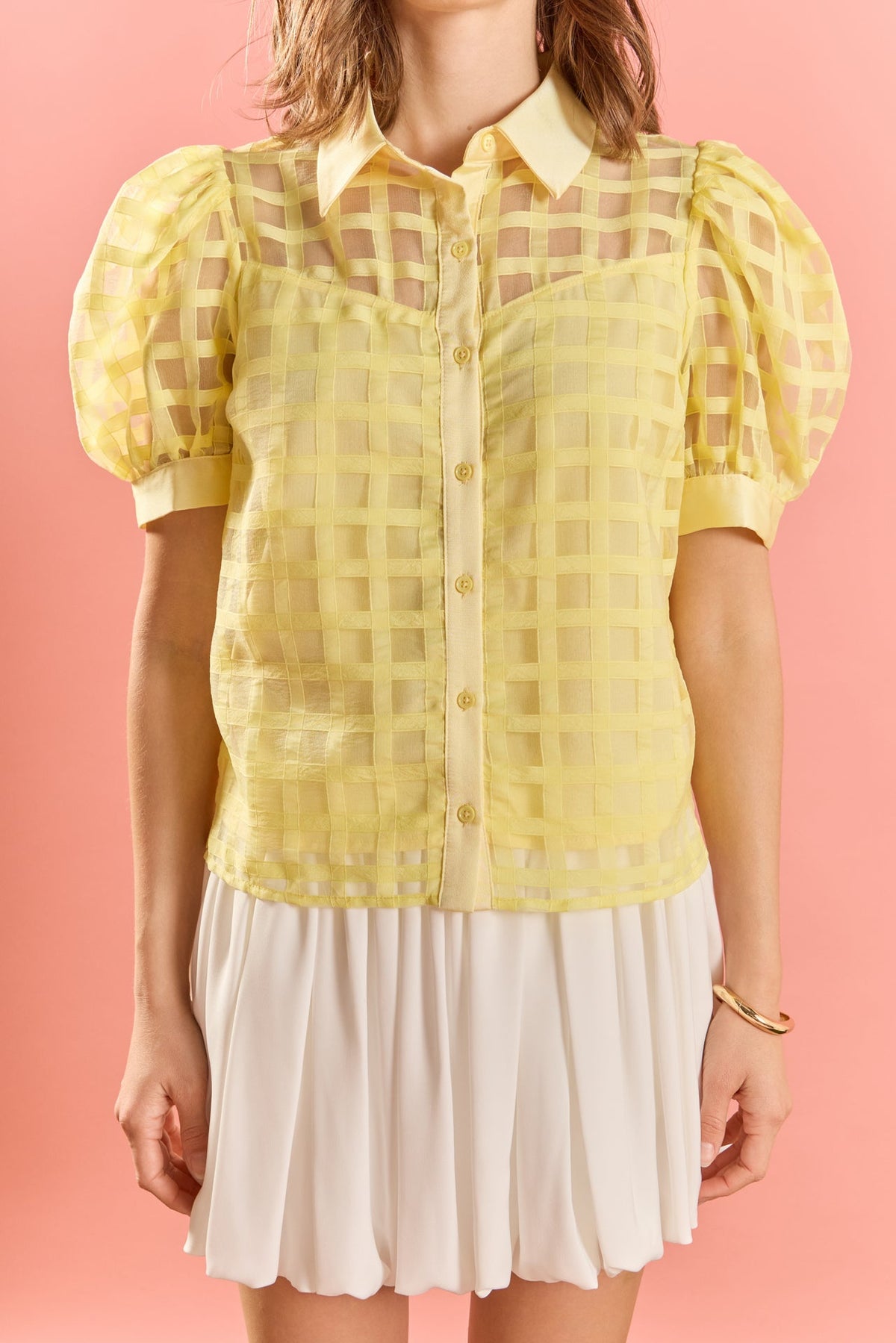 Short Sleeve Organza Grid Blouse