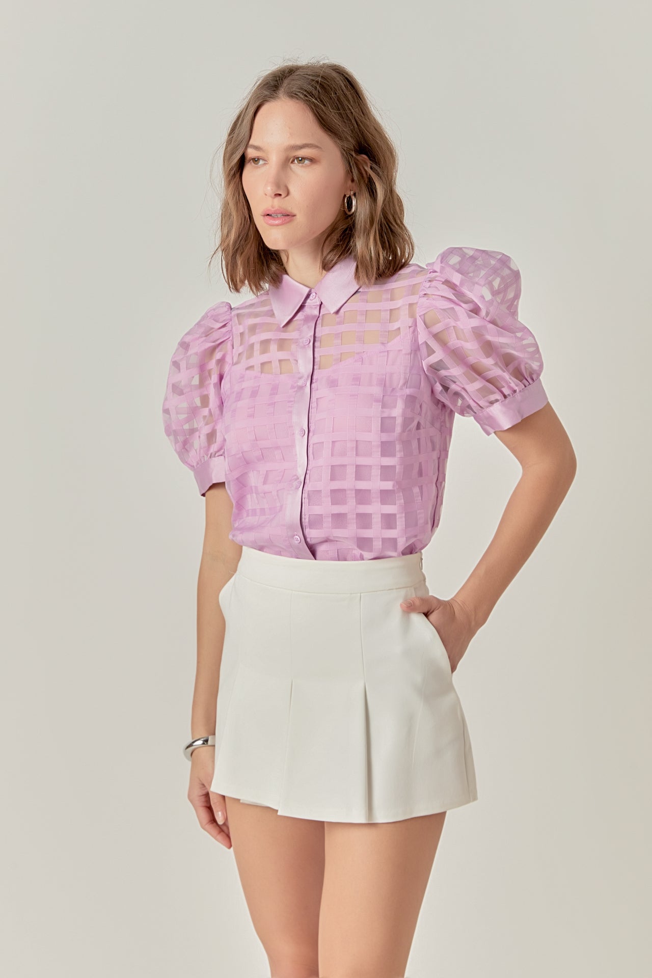 Short Sleeve Organza Grid Blouse