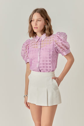Short Sleeve Organza Grid Blouse