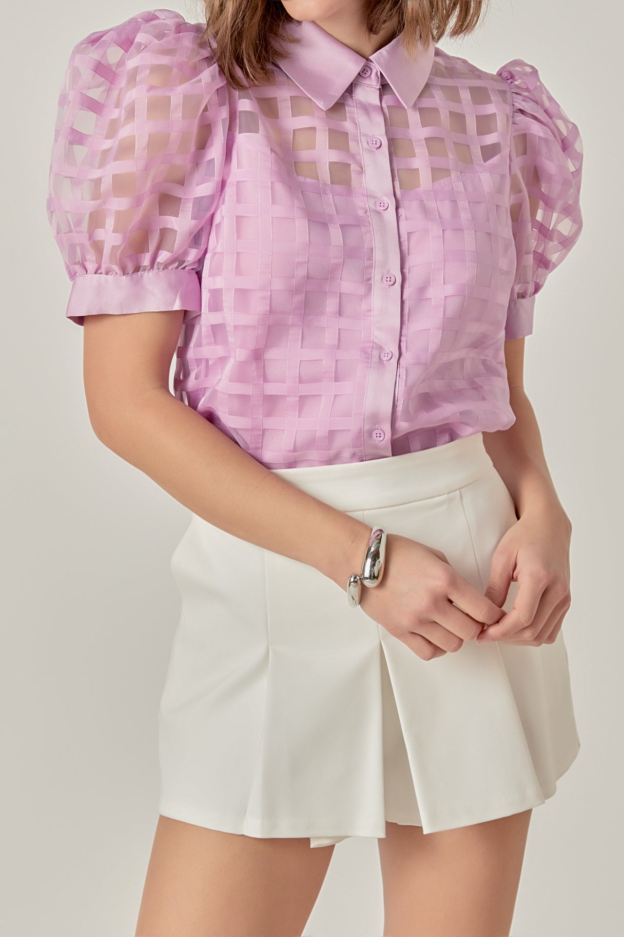 Short Sleeve Organza Grid Blouse