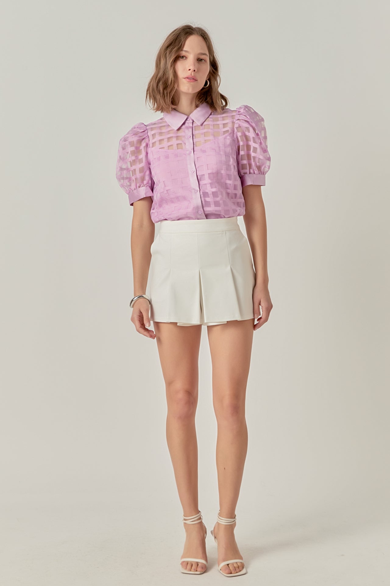 Short Sleeve Organza Grid Blouse