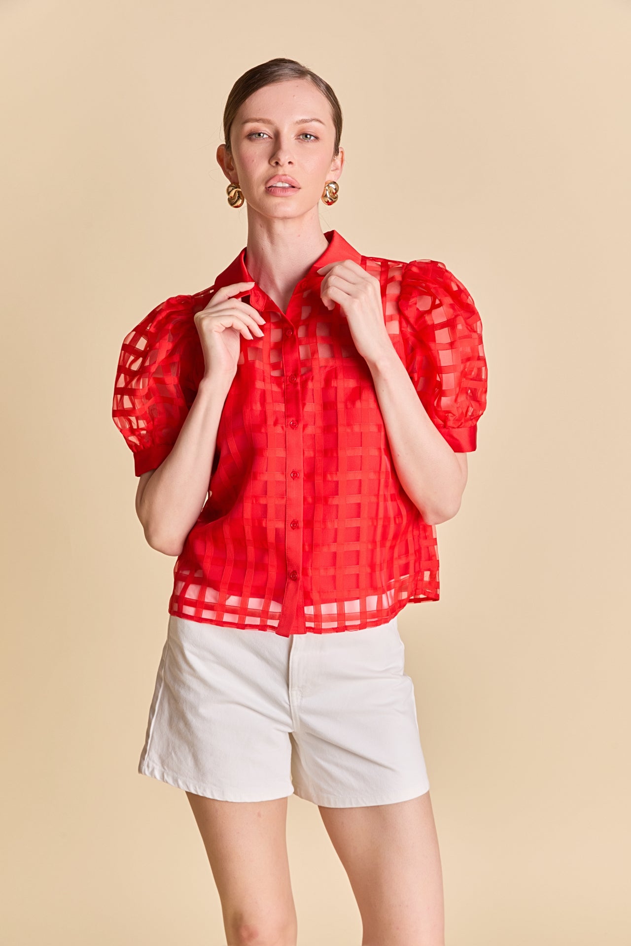 Short Sleeve Organza Grid Blouse
