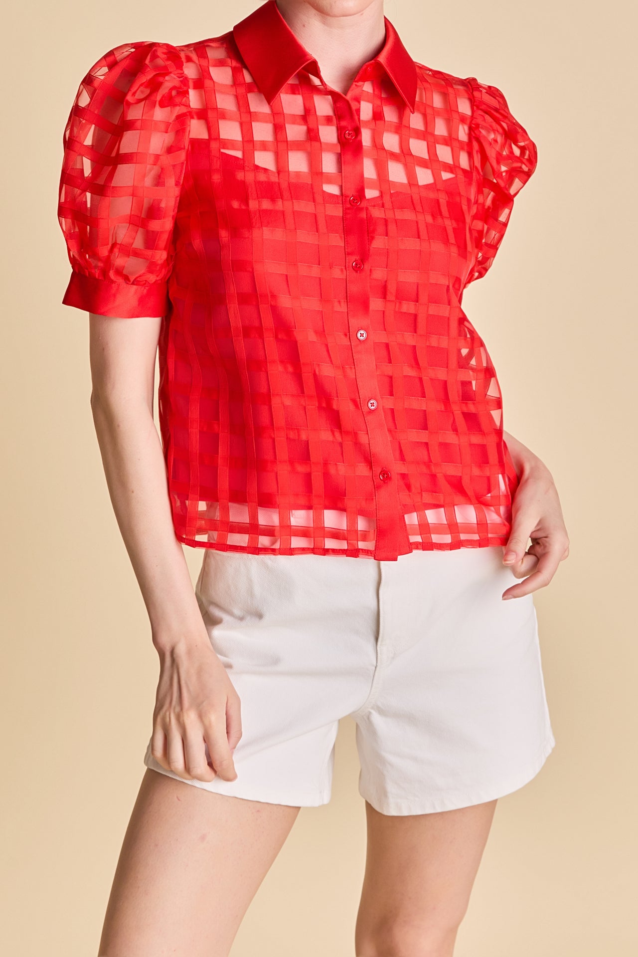 Short Sleeve Organza Grid Blouse