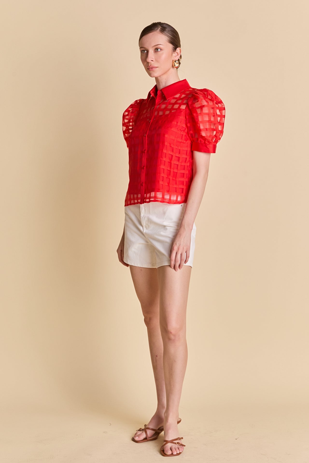 Short Sleeve Organza Grid Blouse