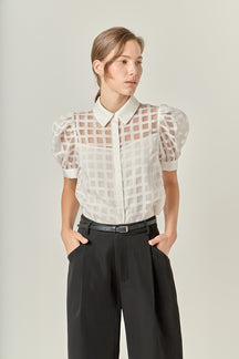 Short Sleeve Organza Grid Blouse