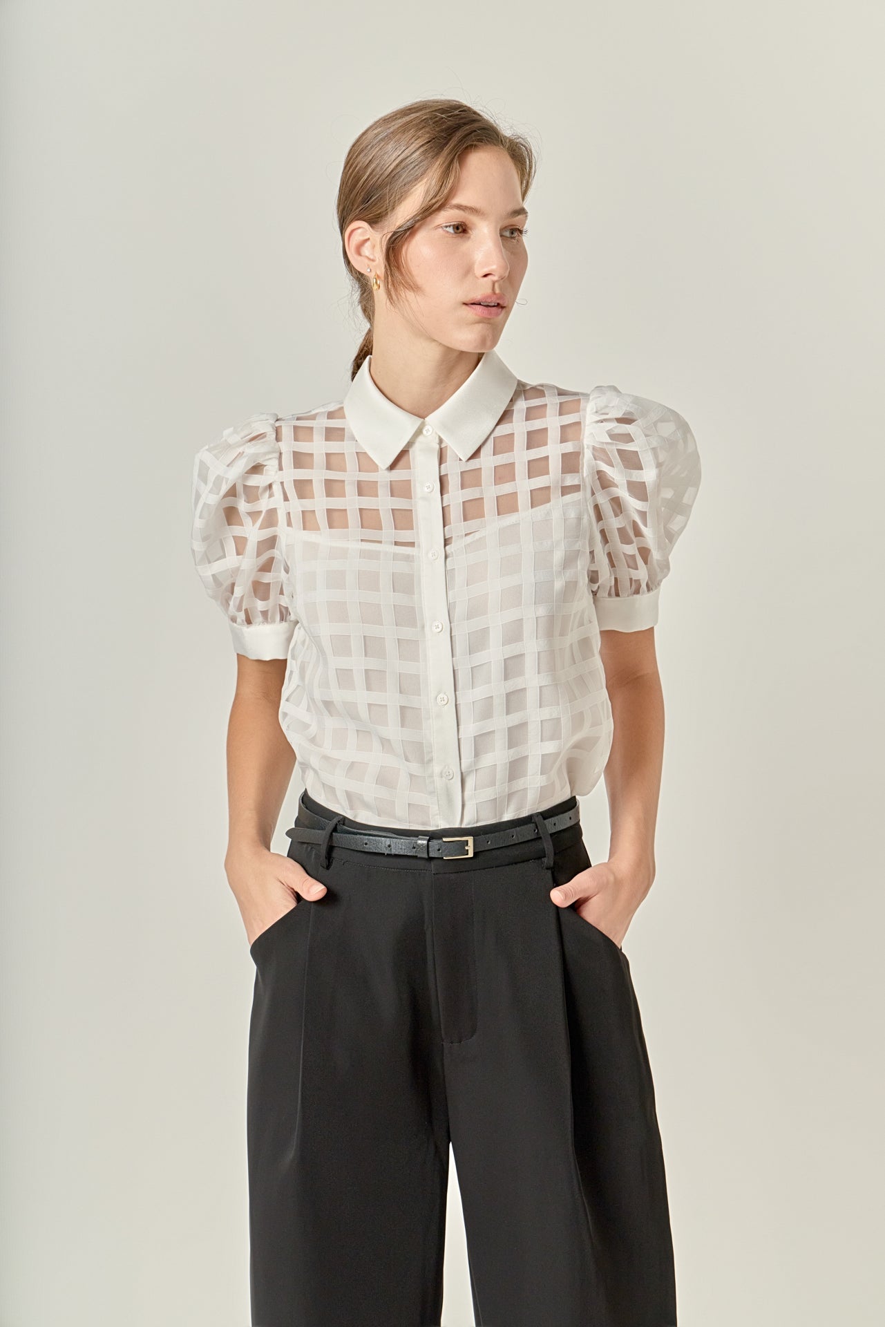 Short Sleeve Organza Grid Blouse