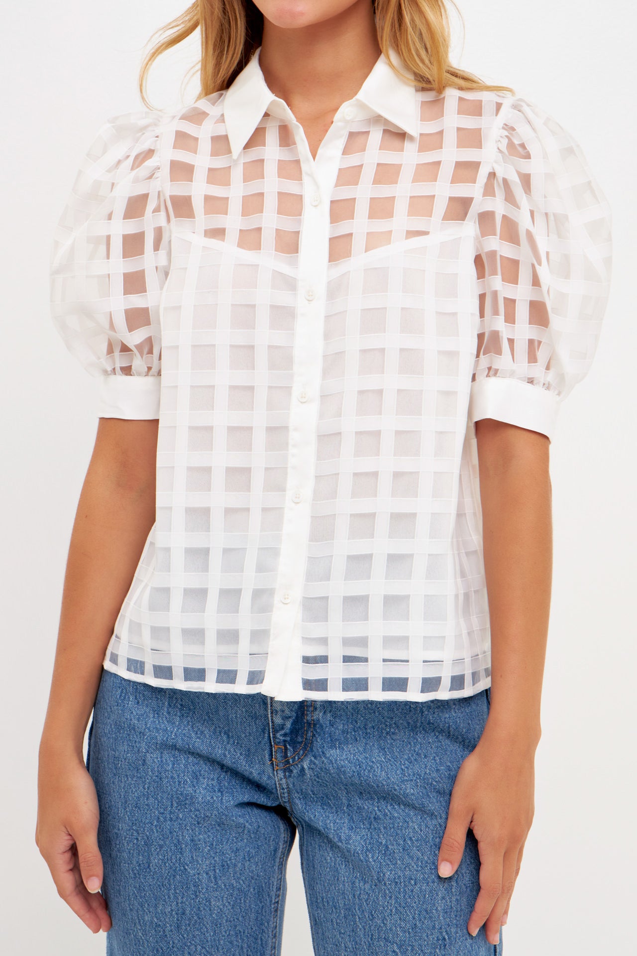 ENGLISH FACTORY - Short Sleeve Organza Grid Blouse - TOPS available at Objectrare