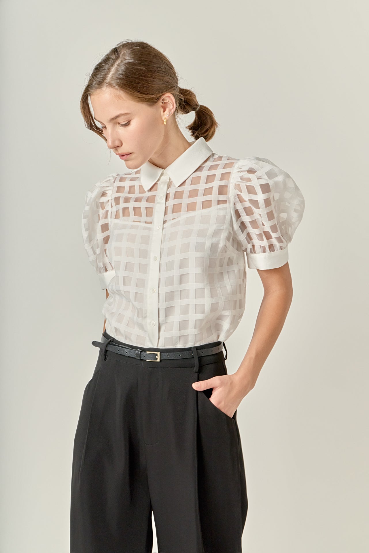 Short Sleeve Organza Grid Blouse