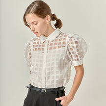 Short Sleeve Organza Grid Blouse