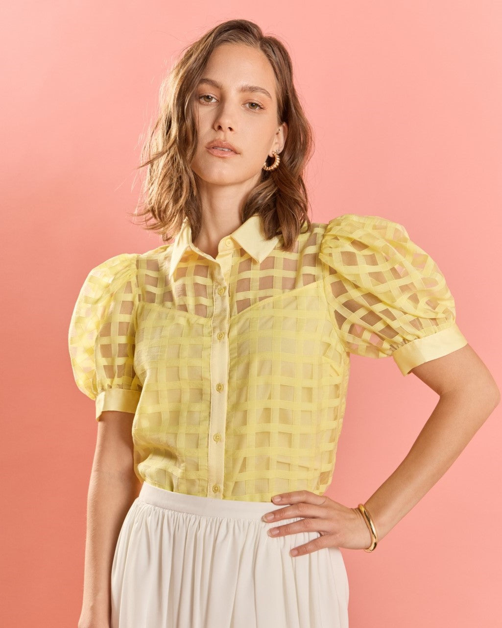 Short Sleeve Organza Grid Blouse