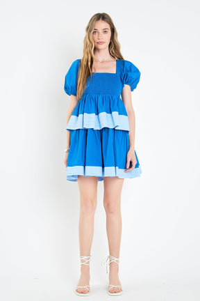 ENGLISH FACTORY - Colorblock Smocked Tiered Mini Dress - DRESSES available at Objectrare