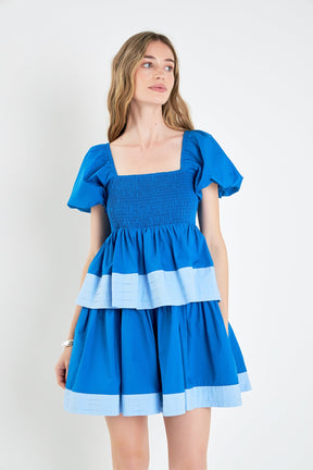 ENGLISH FACTORY - Colorblock Smocked Tiered Mini Dress - DRESSES available at Objectrare