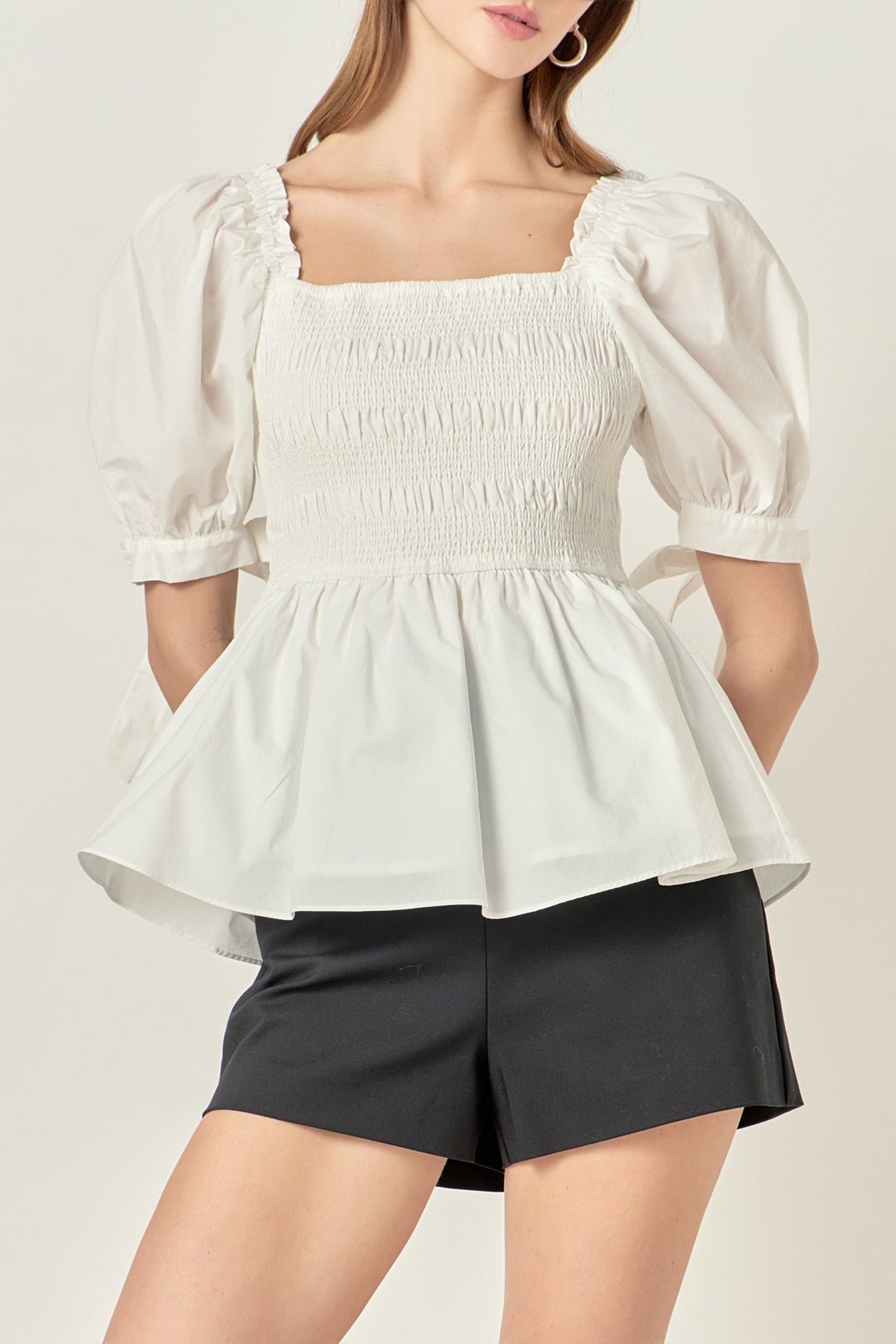 ENGLISH FACTORY - Bow Puff Sleeve Peplum Top - TOPS available at Objectrare