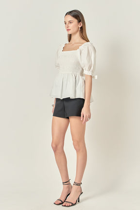ENGLISH FACTORY - Bow Puff Sleeve Peplum Top - TOPS available at Objectrare